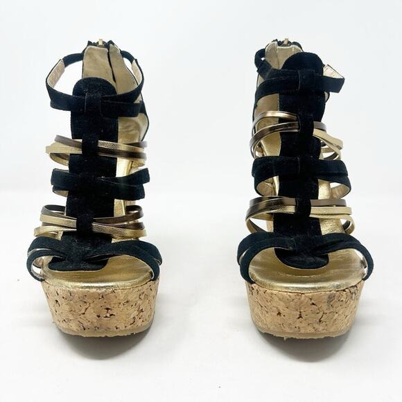 Jimmy Choo Black and and Gold Strappy Platform Cork Wedge Sandals 37.5 (7.5) - Picture 3 of 8